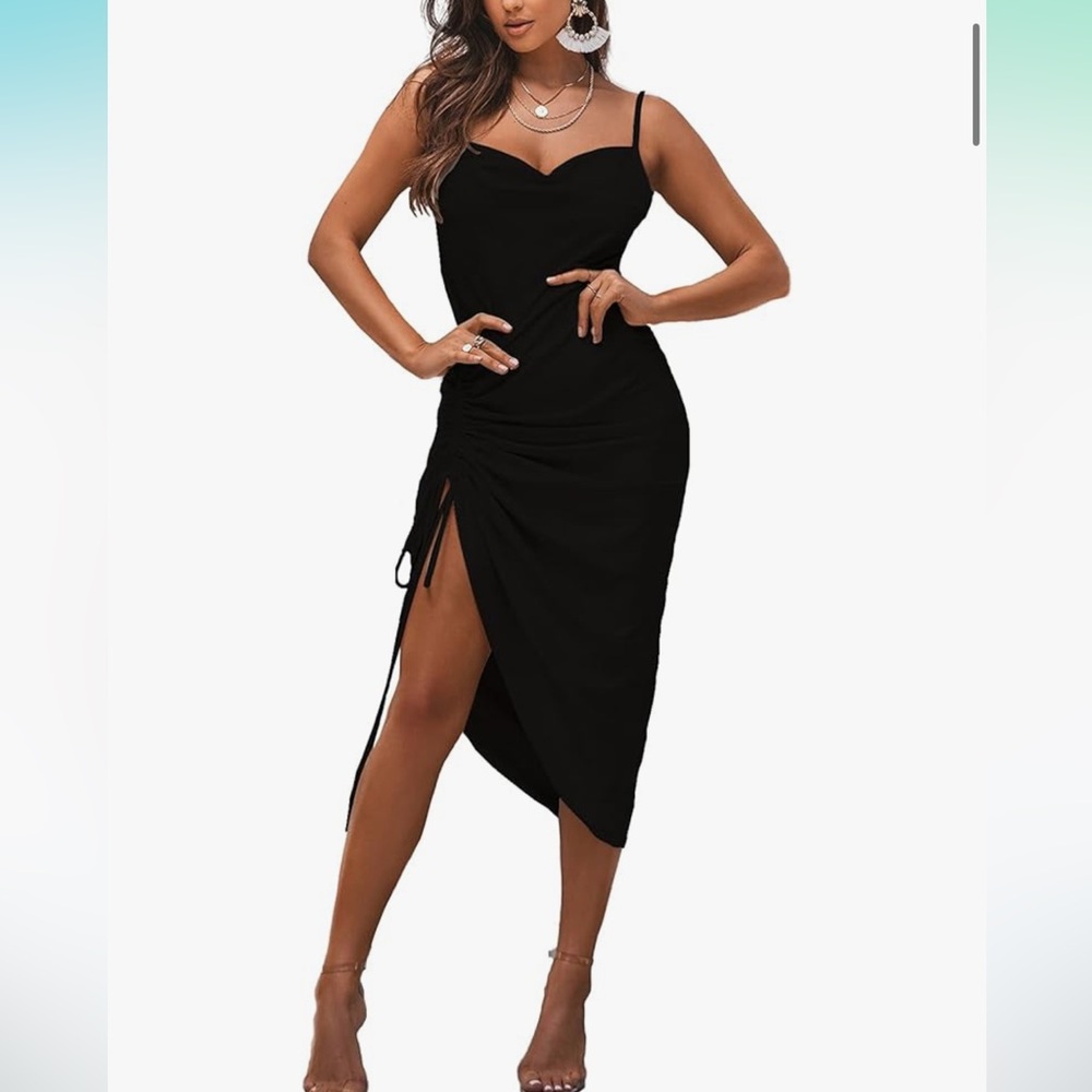 Silky Black Cowl Neck Ruched Dress